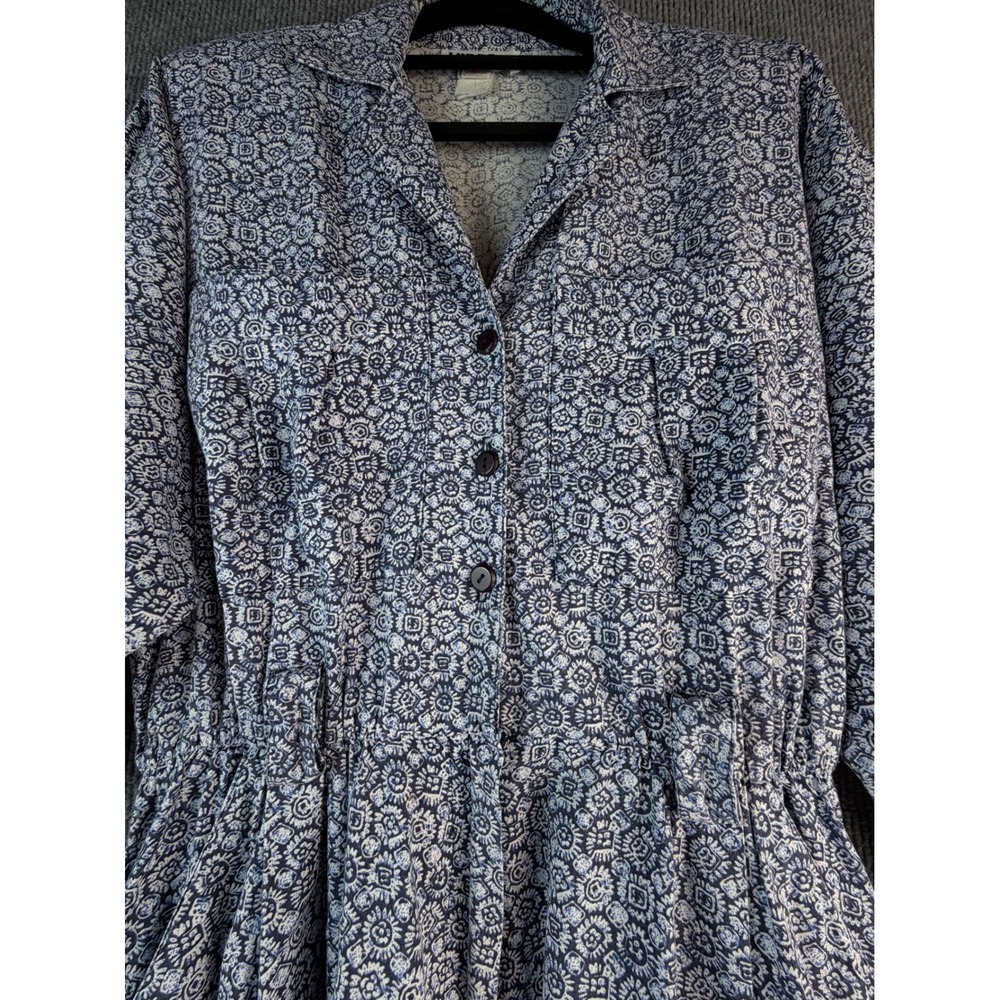 Vintage Virgo II Blue White Geometric Midi Dress ILGWU Union Made Long Sleeve 8 - Picture 2 of 7